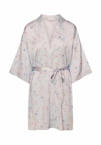 Kimono w kwiatowy wzór w jasnoszarym materiale z szerokimi rękawami i wiązaniem w talii. Posiada delikatne niebieskie i różowe kwiatowe wzory.