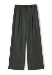 Donkergrijze wijde benen broek van textuurstof, met een voorplooi en een knoopsluiting. Tailored design met een losse pasvorm.
