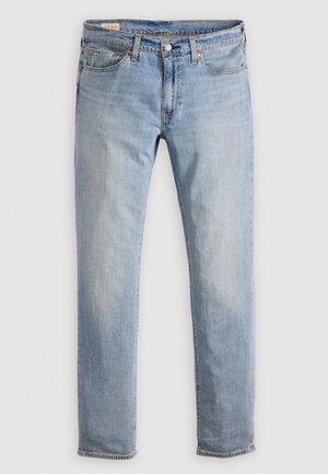 Light blue denim jeans with a straight fit, five-pocket design, and brass hardware. The fabric shows slight fading and a smooth texture.