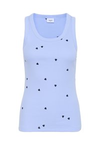 Ljusblå linne med ribbad textur, med små svarta hjärtan utspridda över hela. Den har en rund halsringning och är ärmlös.