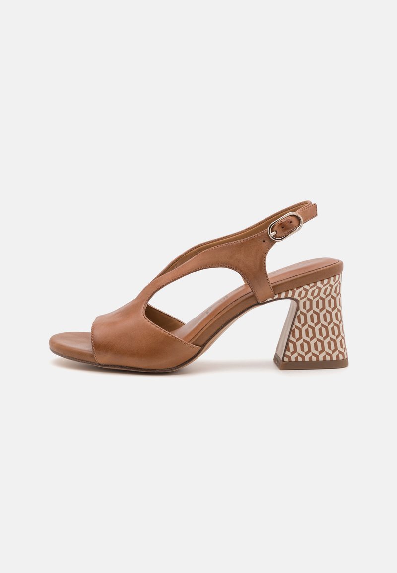 Brown leather heeled sandals with an open toe, slingback design, and a patterned block heel featuring geometric shapes.