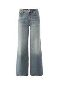 Jeans a gamba larga in denim azzurro chiaro con finitura sbiadita, caratterizzati da un vita alta, passanti per la cintura e classico stile a cinque tasche.