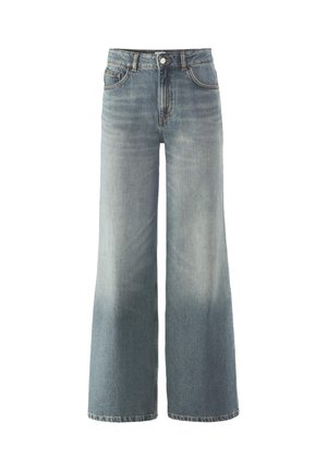 Vaaleansiniset leveälahkeiset farkut, joissa on haalistunut viimeistely, korkea vyötärö, vyölenkit ja perinteinen viisi taskua -tyyli.