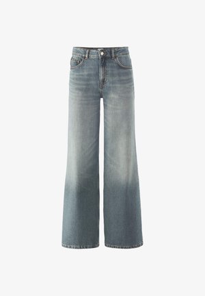 Jeans a gamba larga in denim azzurro chiaro con finitura sbiadita, caratterizzati da un vita alta, passanti per la cintura e classico stile a cinque tasche.
