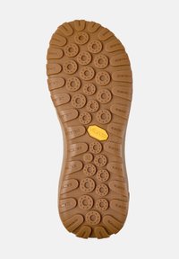 Vibram-Sohle in Hellbraun, mit runden und ovalen Profilen für Traktion, mit gelbem Logo und der Größe 38 markiert. Gummimaterial.