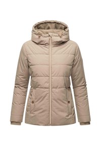Beige pufferjack met een capuchon, voorzien van een ritssluiting, ribgebreide manchetten, twee zijzakken met drukknoopsluitingen en een gequilte uitstraling.