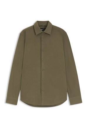 Olive green long-sleeve shirt with a pointed collar, vertical ribbed texture, button-up front, and rounded hem, featuring silver buttons.