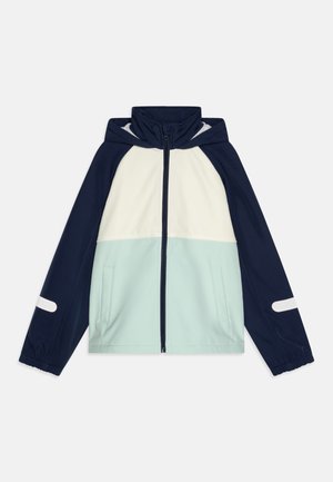 Hooded zip-up jacket with navy blue sleeves, white upper front, light blue lower front, and reflective strips on sleeves.