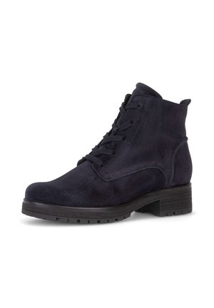 Black suede ankle boot with lace-up front, low block heel, and textured sole for traction on a white background.