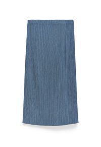 Blå plisserad kjol med elastisk midja, prydd med vertikala ränder och en rak silhuett. Lättviktsmaterial med en smidig yta.