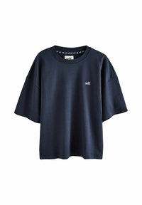 Marineblaue, oversized Kurzarm-T-Shirt mit Rundhalsausschnitt und kleinem weißen "self."-Logo auf der linken Brust.