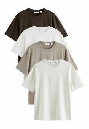 Patru tricouri simple cu mâneci scurte și guler rotund, în negru, alb, taupe și gri deschis amestecat, suprapuse pe un fundal alb.