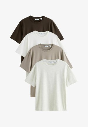 Quattro t-shirt semplici girocollo a maniche corte in nero, bianco, taupe e grigio chiaro mélange, sovrapposte su uno sfondo bianco.