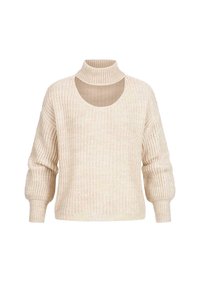 Knitted sweater in light beige with a high neck, wide, ribbed long sleeves, and cut-out detail on the chest area. Textured fabric.