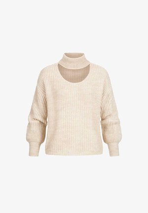 Pletena majica u svijetloj bež boji s visokim ovratnikom, širokim, rebrastim dugim rukavima i izrezom na području prsa. Teksturirana tkanina.