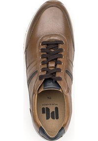 Bruine leren sneaker met donkere veters, een lichtgekleurde zool en een blauwe accentstrip. Beschikt over een gevoerde binnenzool met logo aan de binnenzijde.