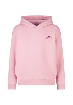 Lichtroze hoodie met lange mouwen en een klein donkerroze gestileerd letter A-logo op de linkerborst.
