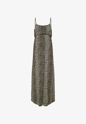 Maxi šaty s leopardím potiskem, tenkými ramínky, volným střihem a měkkou tkaninou. Mají řasení v pase pro uvolněný siluetu.