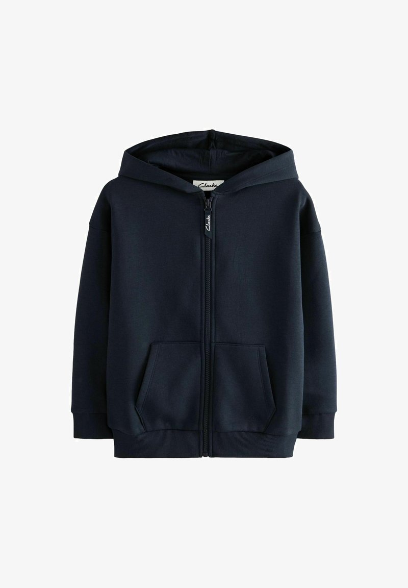 Felpa con zip e cappuccio di colore blu navale, realizzata in tessuto morbido, dotata di due tasche frontali e polsini a costine, con etichetta logo sul collo.