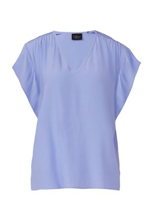 Blouse légère bleu clair à manches courtes avec un décolleté en V et des détails de manches plissées. Fabriquée dans un tissu lisse avec une coupe décontractée.
