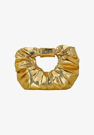 Guldfarvet metallic kunstlædertaske med rynket tekstur, rundt håndtag og plisseret design, med en central søm og glat finish.