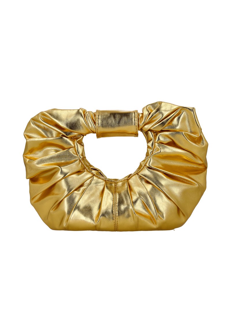 Geantă din piele ecologică metalizată aurie, cu textură adunată, mâner rotund și design plisat, având o cusătură centrală și finisaj neted.