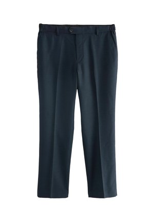Navy blue trousers made of smooth fabric, featuring a button closure, belt loops, and side pockets. Straight-leg design with a clean finish.