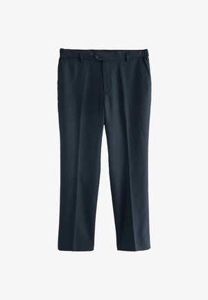 Navy blue trousers made of smooth fabric, featuring a button closure, belt loops, and side pockets. Straight-leg design with a clean finish.