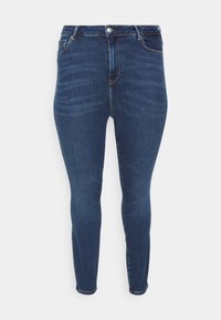 Úzké džíny v tmavě modré denimové barvě s hladkou texturou, designem s pěti kapsami, poutky na opasek a předním zapínáním na knoflík.