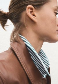 Brown leather jacket with a prominent collar. The collar features turquoise and white horizontal stripes, adding contrast to the fabric.