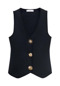 Czarna kamizelka z dekoltem w serek, teksturowana tkanina i trzy złote guziki, z ozdobą w kształcie słońca przy górnym guziku.