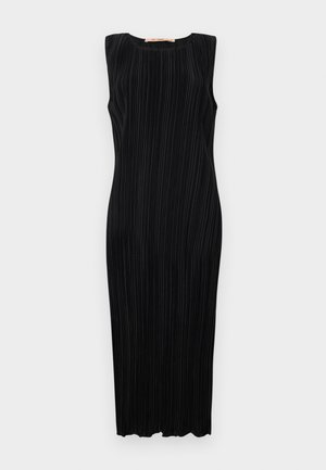 Melnā bezpiedurkņu midi kleita ar vertikālām pleitām, apaļu izgriezumu un pieguļošu siluetu. Gluda tekstūra un taisna apakšmalda.