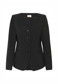 Must kohandatud pintsak ruudukujulise kaelusega, kuue musta nupuga, ees taskutega ja peente õmblustega. Valmistatud tekstuurse kangaga.