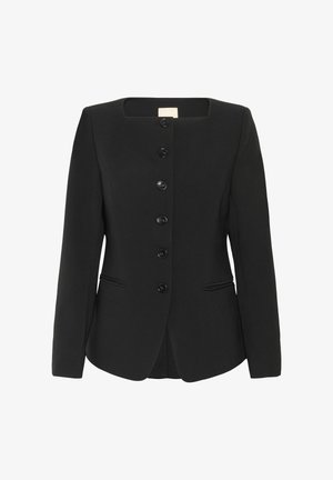 Blazer nero sartoriale con scollo quadrato, sei bottoni neri, tasche frontali e dettagli di cuciture sottili. Realizzato in tessuto strutturato.