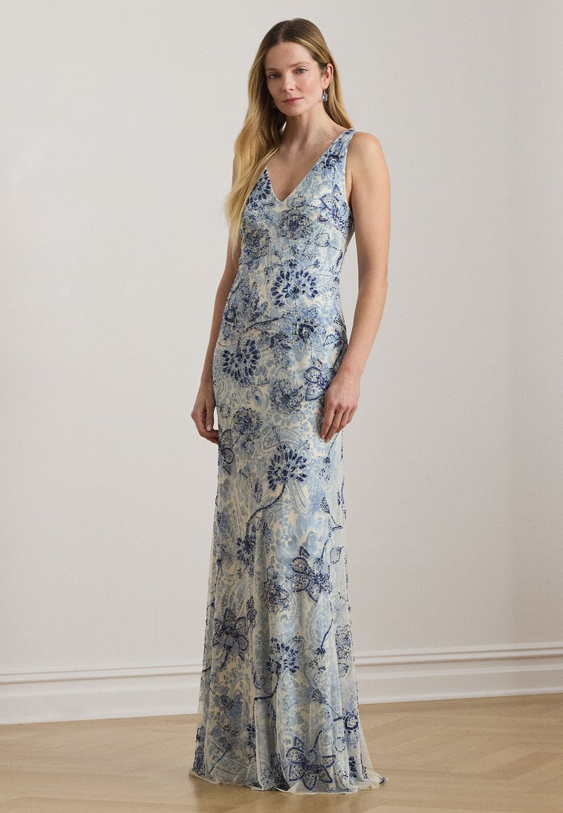 princess polly baby blue dress Blue KarenMillen Dark Floral Tulle Plunge Balloon Sleeve Maxi Dress main image 0