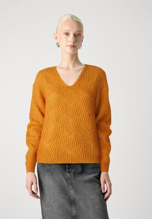 BADUT L/S  VNECK STRUC GLITT - Strickpullover - golden ochre detail/gold-coloured lurex
