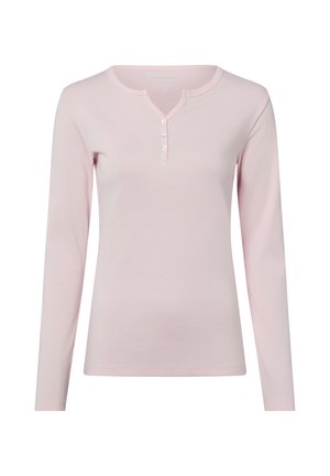 Light pink long-sleeve Henley shirt with a round neckline and three small white buttons down the front placket.