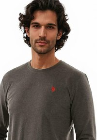 Graues Langarm-T-Shirt aus weichem Stoff mit einem kleinen roten Logo auf der linken Brust. Einfaches Rundhalsdesign und taillierte Form.