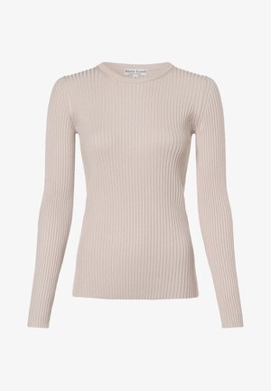 Pull côtelé à manches longues de couleur beige clair. Comprend un col rond et une coupe ajustée. Confectionné en maille texturée.