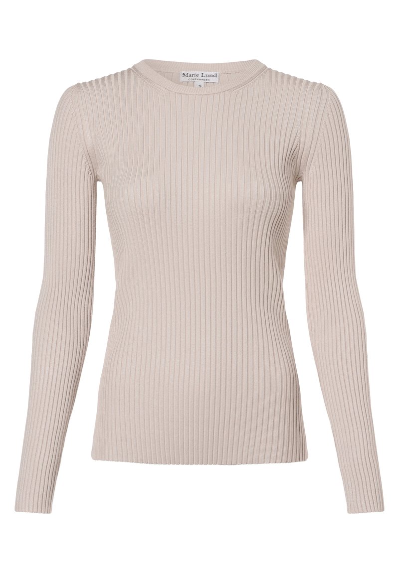 Ribbad långärmad tröja i ljusbeige. Har en rund halsringning och en figurnära design. Tillverkad av texturerat stickat material.