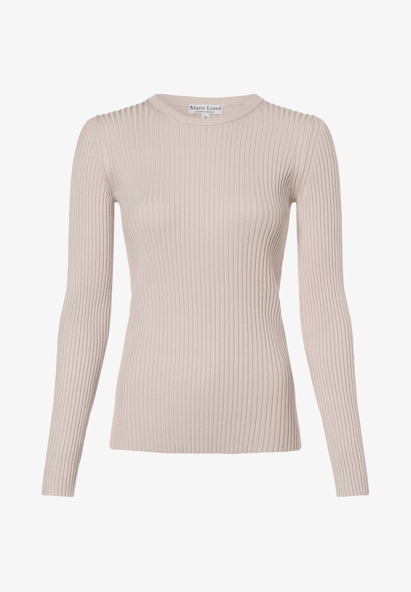 Ribbad långärmad tröja i ljusbeige. Har en rund halsringning och en figurnära design. Tillverkad av texturerat stickat material.