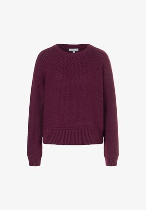 Burgunderfarbener Strickpullover mit Rundhalsausschnitt und langen Ärmeln. Gerippter Saum und Bündchen, aus einem strukturierten, kuscheligen Stoff.