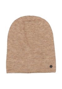 Brązowa, dziana czapka beanie z podwiniętym rantem, miękka w dotyku, z małym metalowym logotypem po boku.