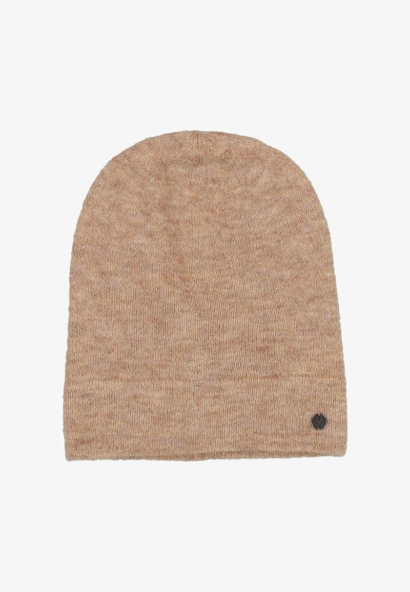 Brown knitted beanie hat with a folded brim, soft texture, and a small metal logo accent on the side.