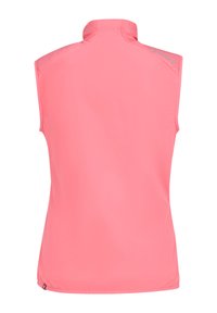Ärmellose rosa Weste mit Stehkragen, glatter Textur und dezentem Logodetail an der Schulter. Leichtes und atmungsaktives Material.