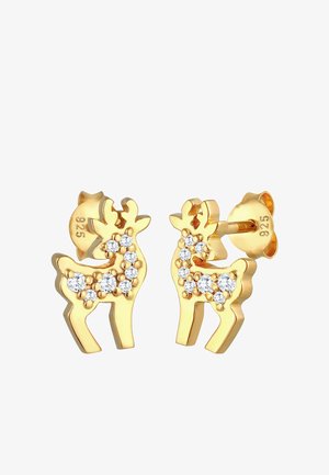 Boucles d'oreilles en forme de renne dorées, ornées de cristaux transparents, avec un dos en argent sterling 925, un fini poli lisse et un design ludique.