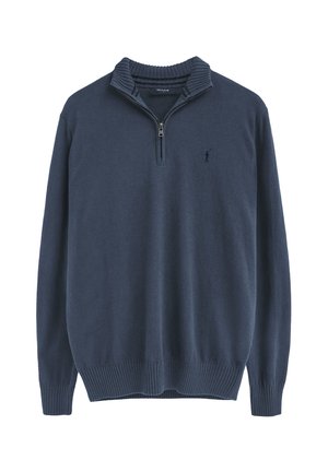 Maglione blu navy a maniche lunghe con collo, polsini e orlo a coste, con cerniera a un quarto e piccolo logo ricamato sul petto.