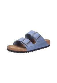 Sandali in pelle blu con due cinturini regolabili, soletta in sughero e suola in gomma nera. Presentano fibbie in tonalità argento per una vestibilità sicura.