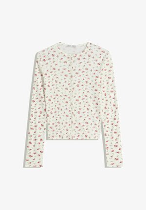 White long-sleeve cropped cardigan with small pink floral print and button closure down the front.