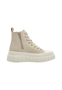 Beige high-top sneakers with a textured finish, lace-up front, side zipper, and thick, ridged white sole. Rounded toe design.